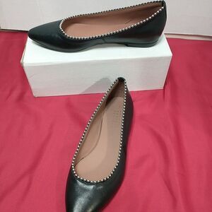 Barneys New York Leather Pointed Flats With Pearls On Rim - Black, Size 6.5 (37)